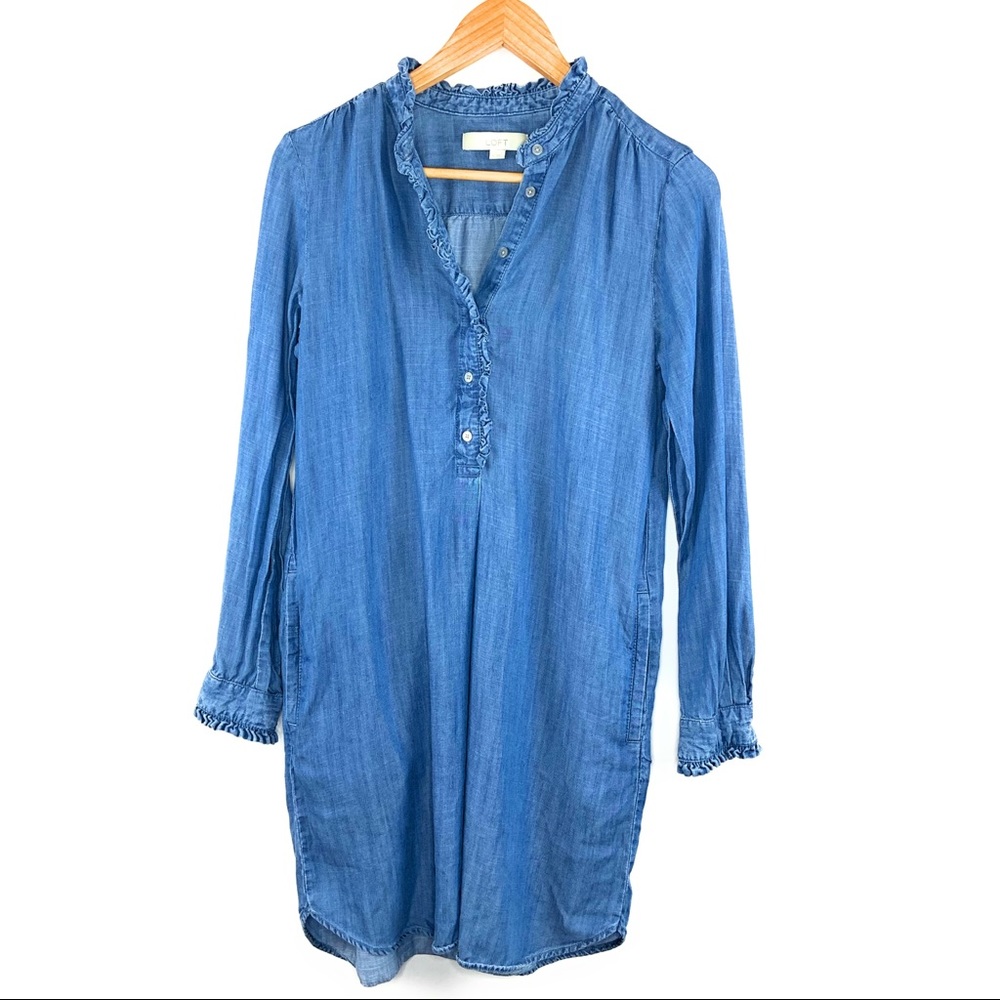 Loft Chambray Denim Shift Dress with Pockets